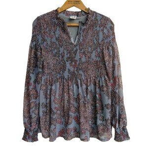 Akemi + Kin Anthropologie Adria Paisley Print Smocked Top Blouse Size XXS Blue